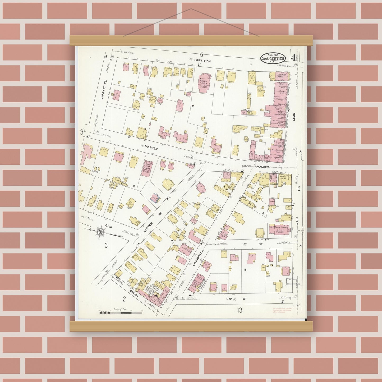 Old map wall art mockup — magnetic wood frame on brick wall — Sanborn Fire Insurance Map from Saugerties, Ulster County, New York (1912), Sheet #0004