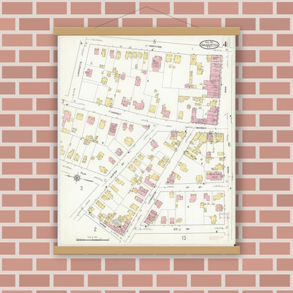 Old map wall art mockup — magnetic wood frame on brick wall — Sanborn Fire Insurance Map from Saugerties, Ulster County, New York (1912), Sheet #0004