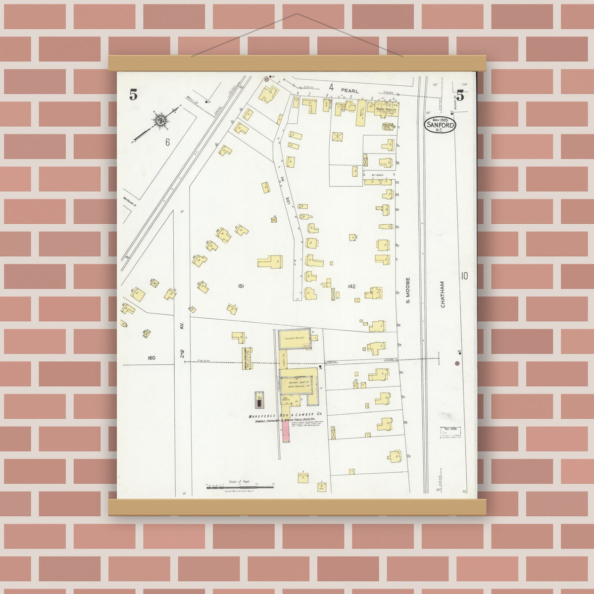 Old map wall art mockup — magnetic wood frame on brick wall — Sanborn Fire Insurance Map from Sanford, Lee County, North Carolina (1925), Sheet #0005