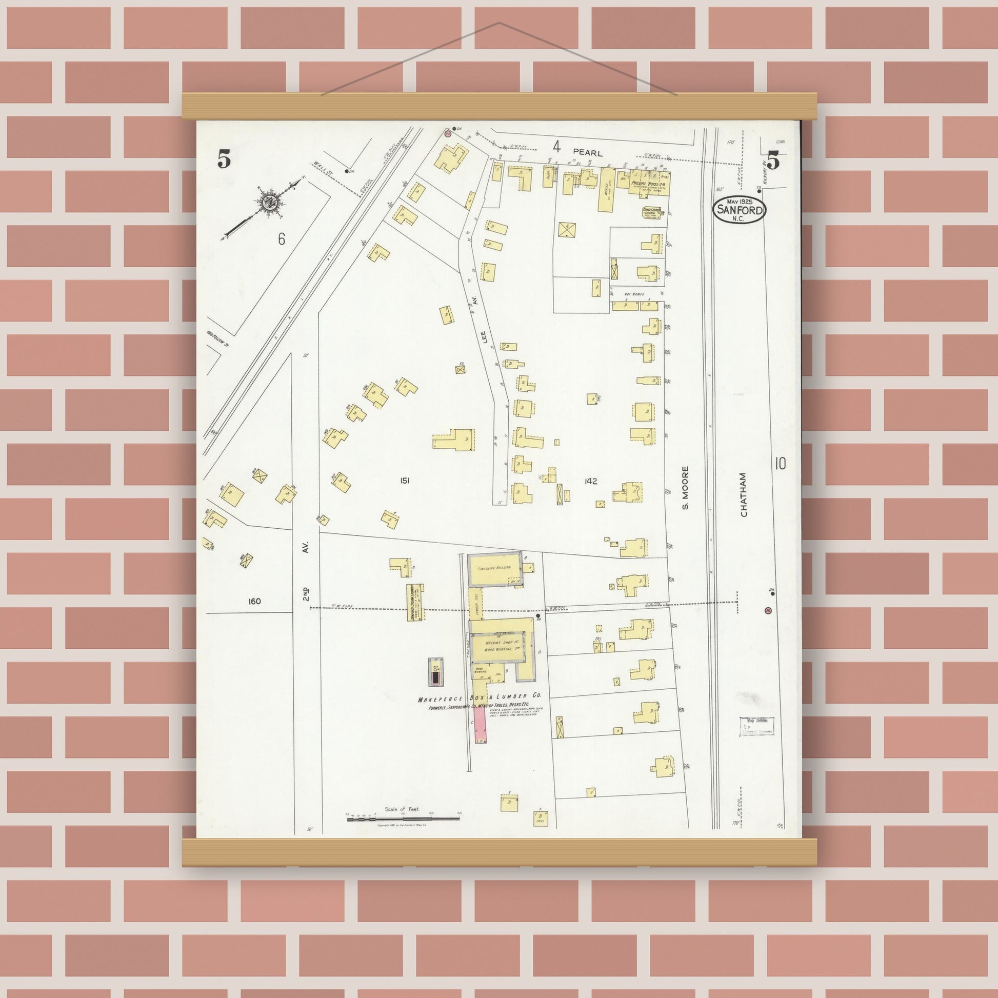 Old map wall art mockup — magnetic wood frame on brick wall — Sanborn Fire Insurance Map from Sanford, Lee County, North Carolina (1925), Sheet #0005