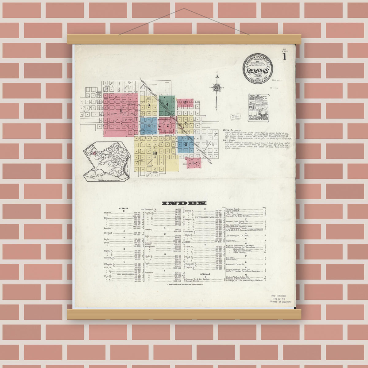 Old map wall art mockup — magnetic wood frame on brick wall — Sanborn Fire Insurance Map from Memphis, Hall County, Texas (1920), Sheet #0001