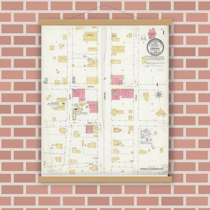 Old map wall art mockup — magnetic wood frame on brick wall — Sanborn Fire Insurance Map from Jasper, Hamilton County, Florida (1909), Sheet #0001