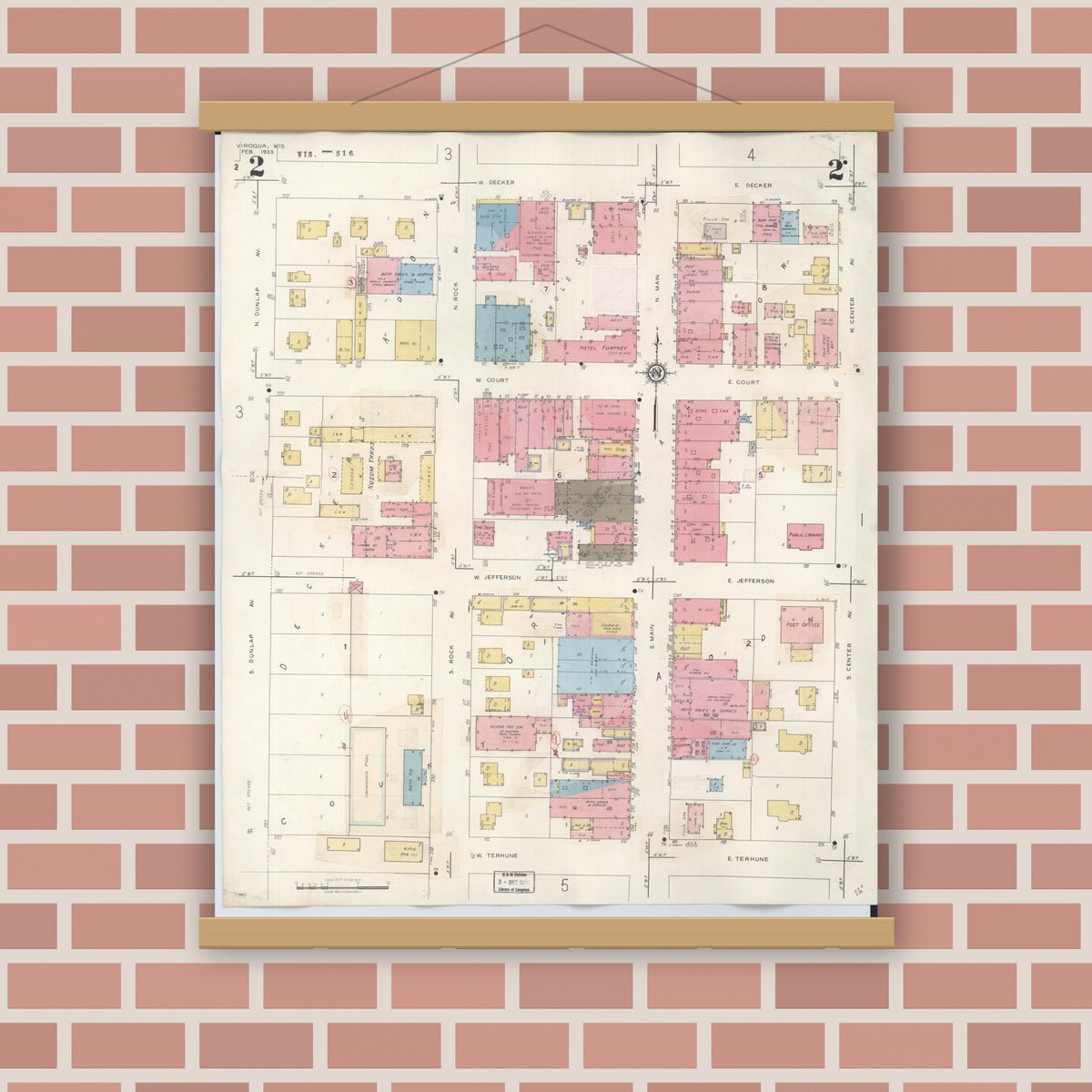 Old map wall art mockup — magnetic wood frame on brick wall — Sanborn Fire Insurance Map from Viroqua, Vernon County, Wisconsin (1949), Sheet #0002
