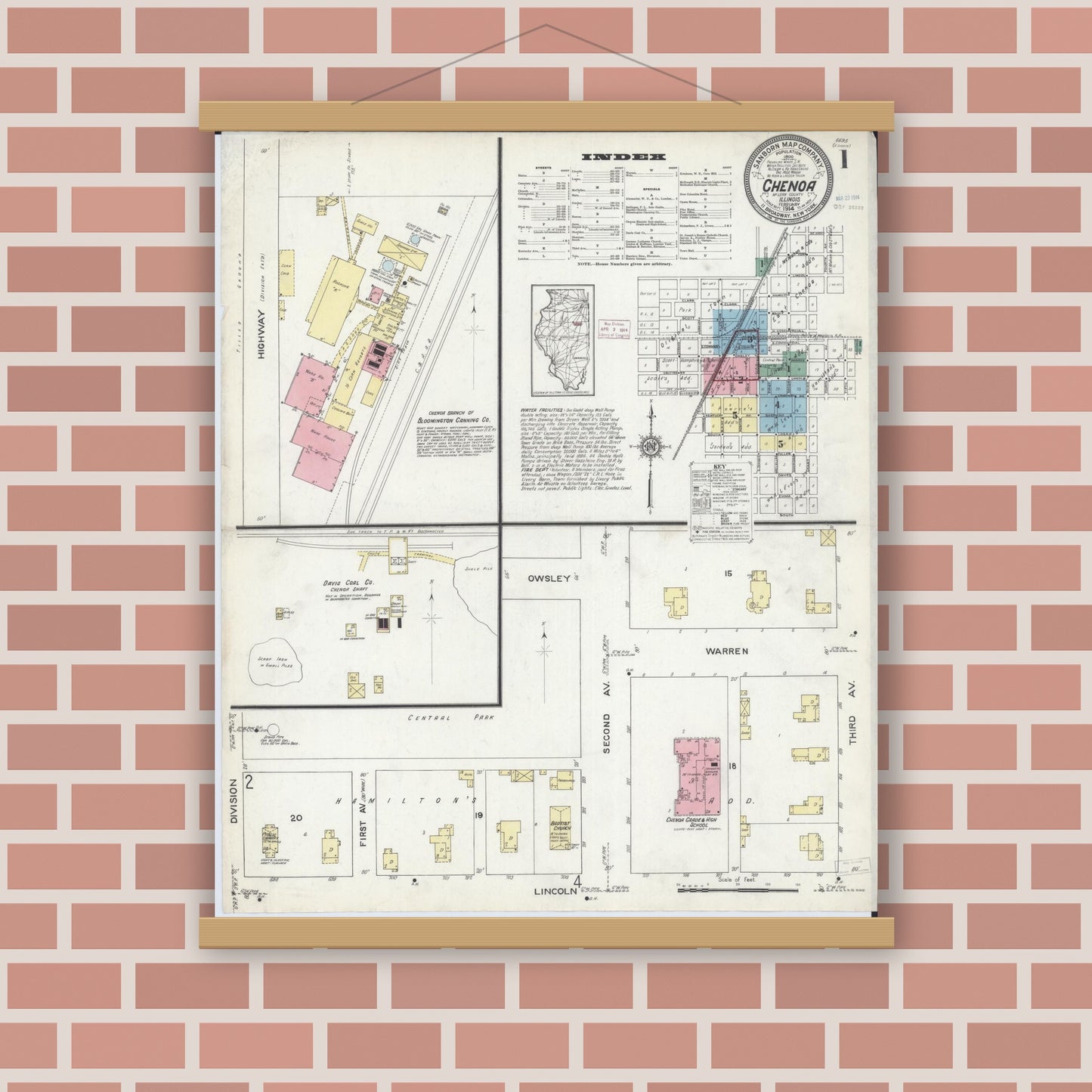 Old map wall art mockup — magnetic wood frame on brick wall — Sanborn Fire Insurance Map from Chenoa, McLean County, Illinois (1914), Sheet #0001