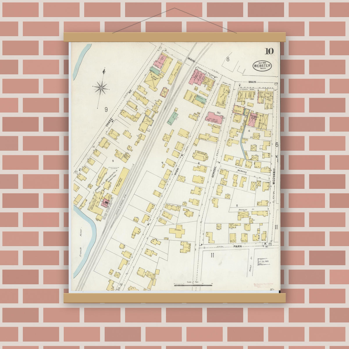 Old map wall art mockup — magnetic wood frame on brick wall — Sanborn Fire Insurance Map from Webster, Worcester County, Massachusetts (1898), Sheet #0010