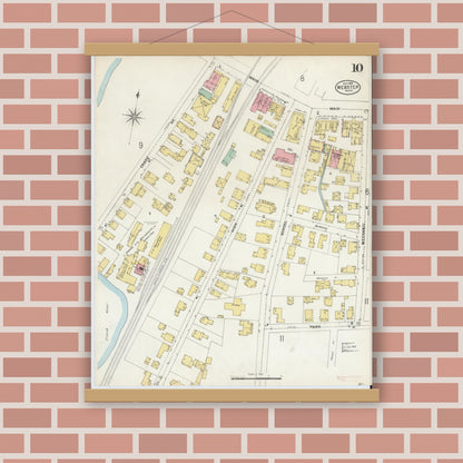 Old map wall art mockup — magnetic wood frame on brick wall — Sanborn Fire Insurance Map from Webster, Worcester County, Massachusetts (1898), Sheet #0010