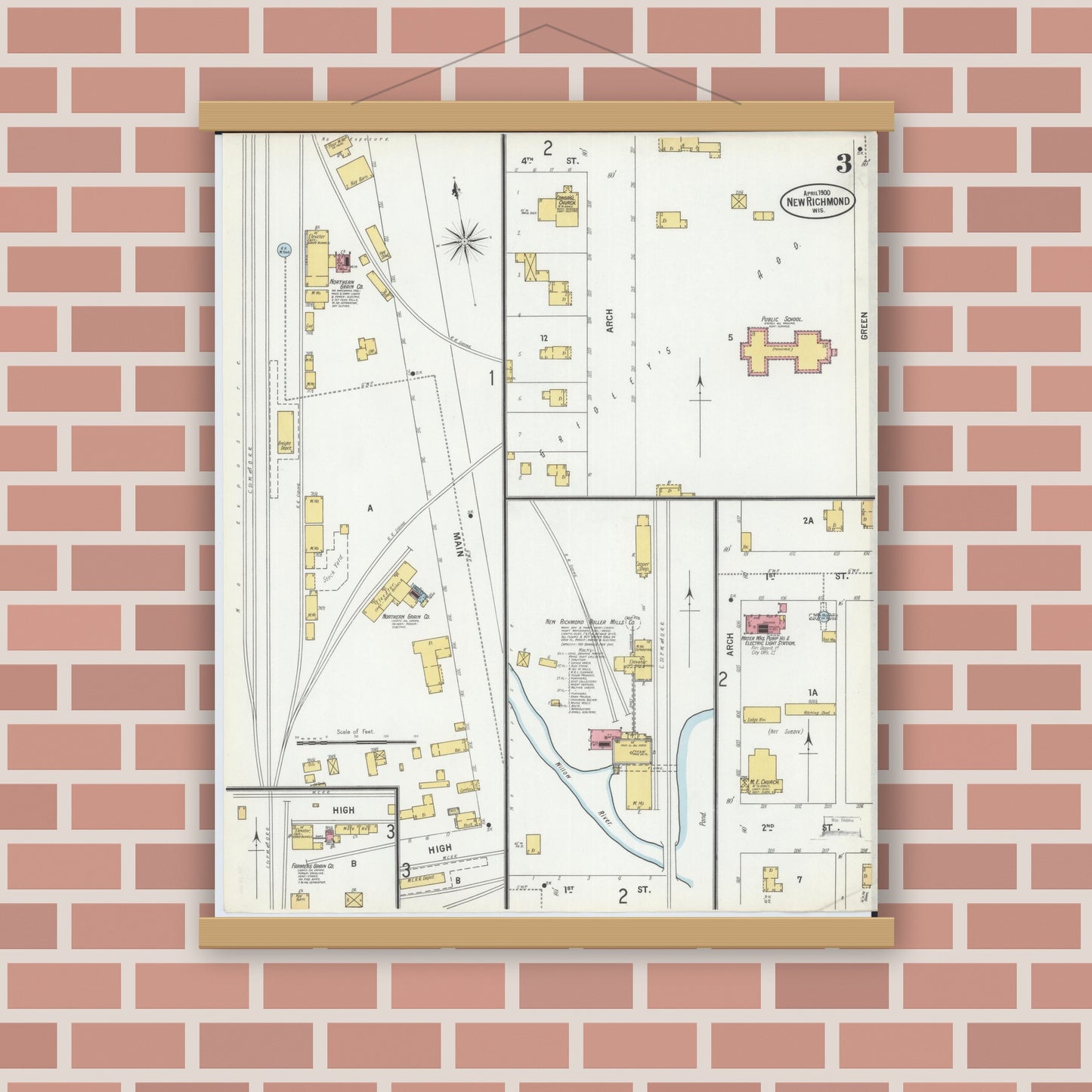 Old map wall art mockup — magnetic wood frame on brick wall — Sanborn Fire Insurance Map from New Richmond, St. Croix County, Wisconsin (1900), Sheet #0003