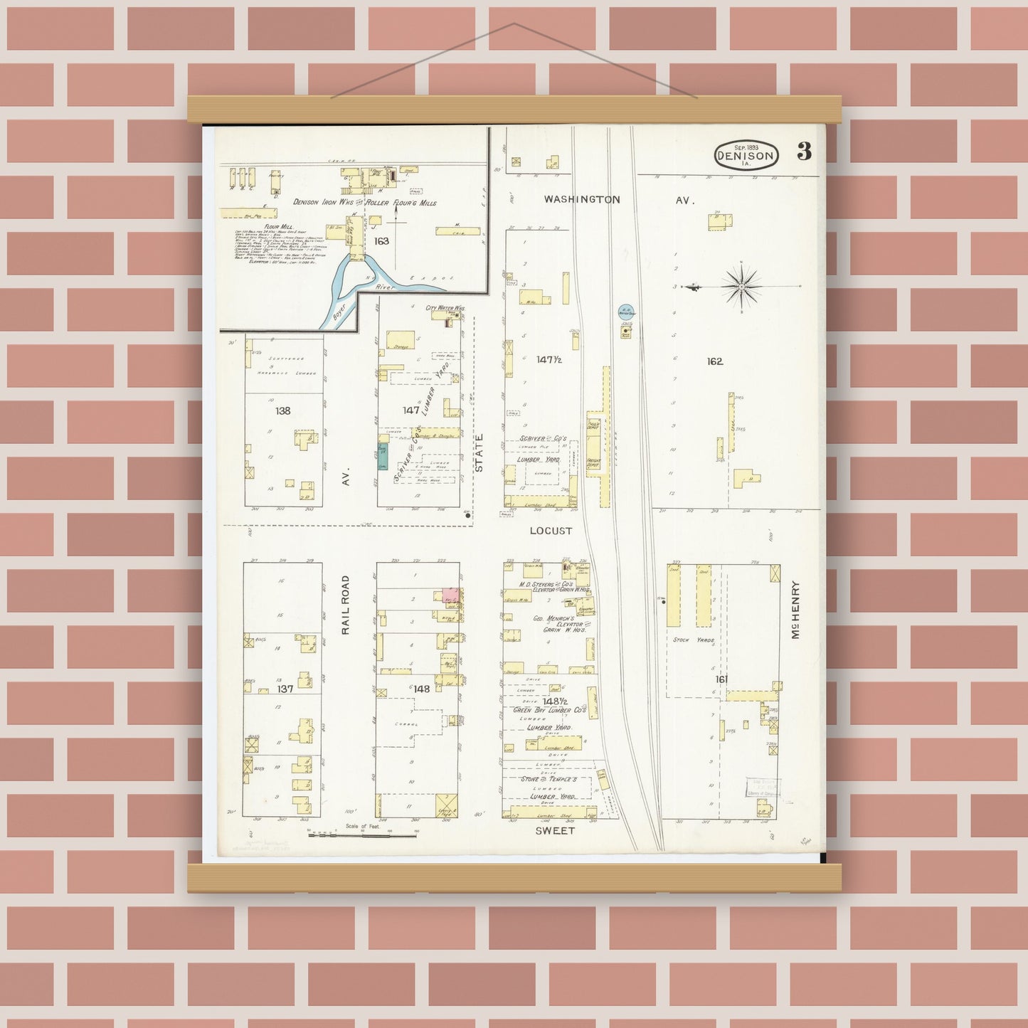 Old map wall art mockup — magnetic wood frame on brick wall — Sanborn Fire Insurance Map from Denison, Crawford County, Iowa (1893), Sheet #0003