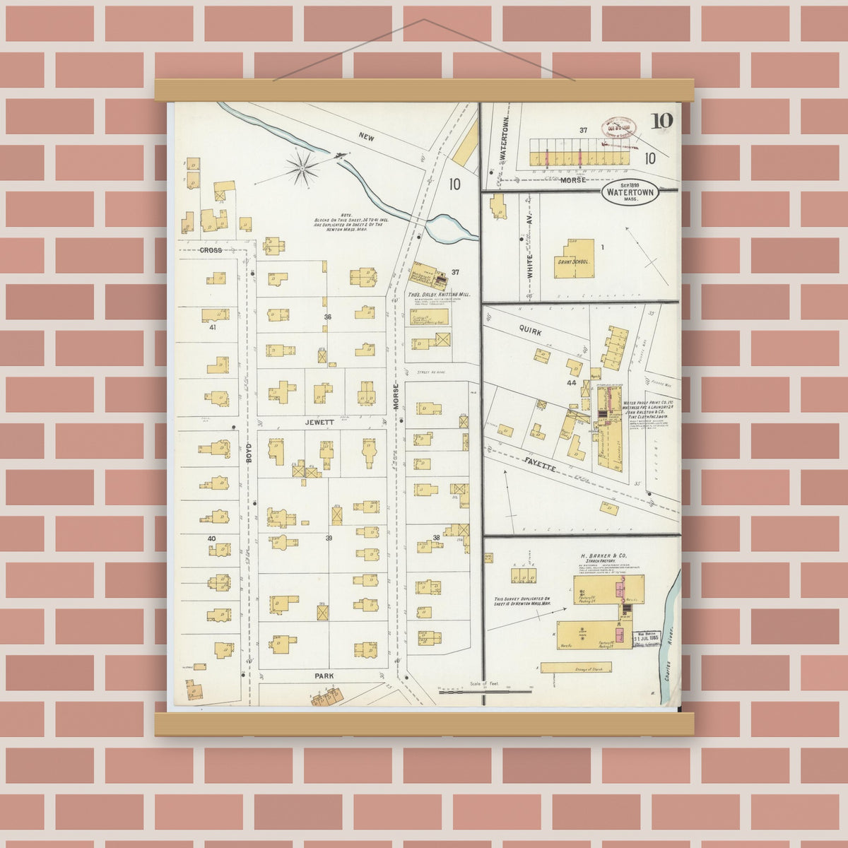 Old map wall art mockup — magnetic wood frame on brick wall — Sanborn Fire Insurance Map from Watertown, Middlesex County, Massachusetts (1899), Sheet #0010