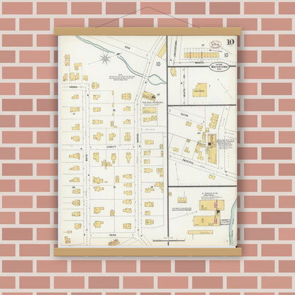 Old map wall art mockup — magnetic wood frame on brick wall — Sanborn Fire Insurance Map from Watertown, Middlesex County, Massachusetts (1899), Sheet #0010