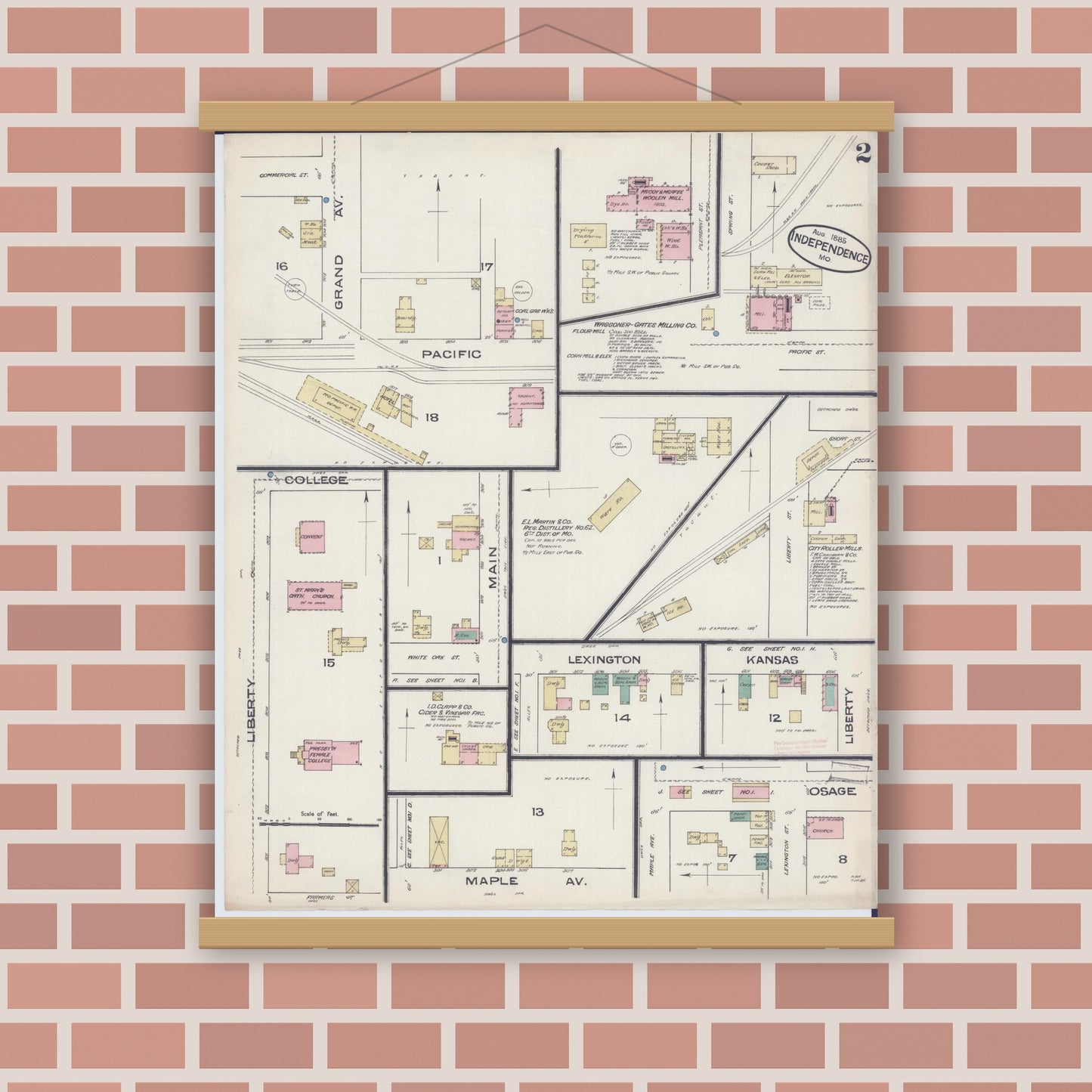 Old map wall art mockup — magnetic wood frame on brick wall — Sanborn Fire Insurance Map from Independence, Jackson County, Missouri (1885), Sheet #0002