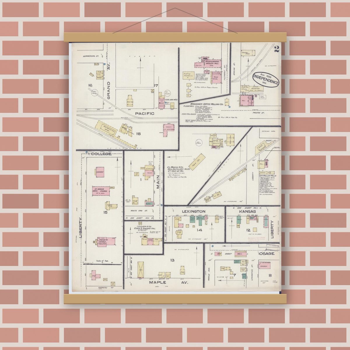 Old map wall art mockup — magnetic wood frame on brick wall — Sanborn Fire Insurance Map from Independence, Jackson County, Missouri (1885), Sheet #0002