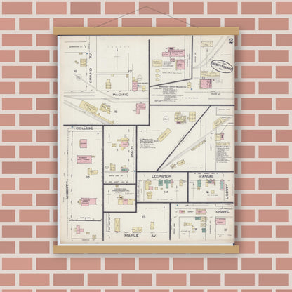 Old map wall art mockup — magnetic wood frame on brick wall — Sanborn Fire Insurance Map from Independence, Jackson County, Missouri (1885), Sheet #0002