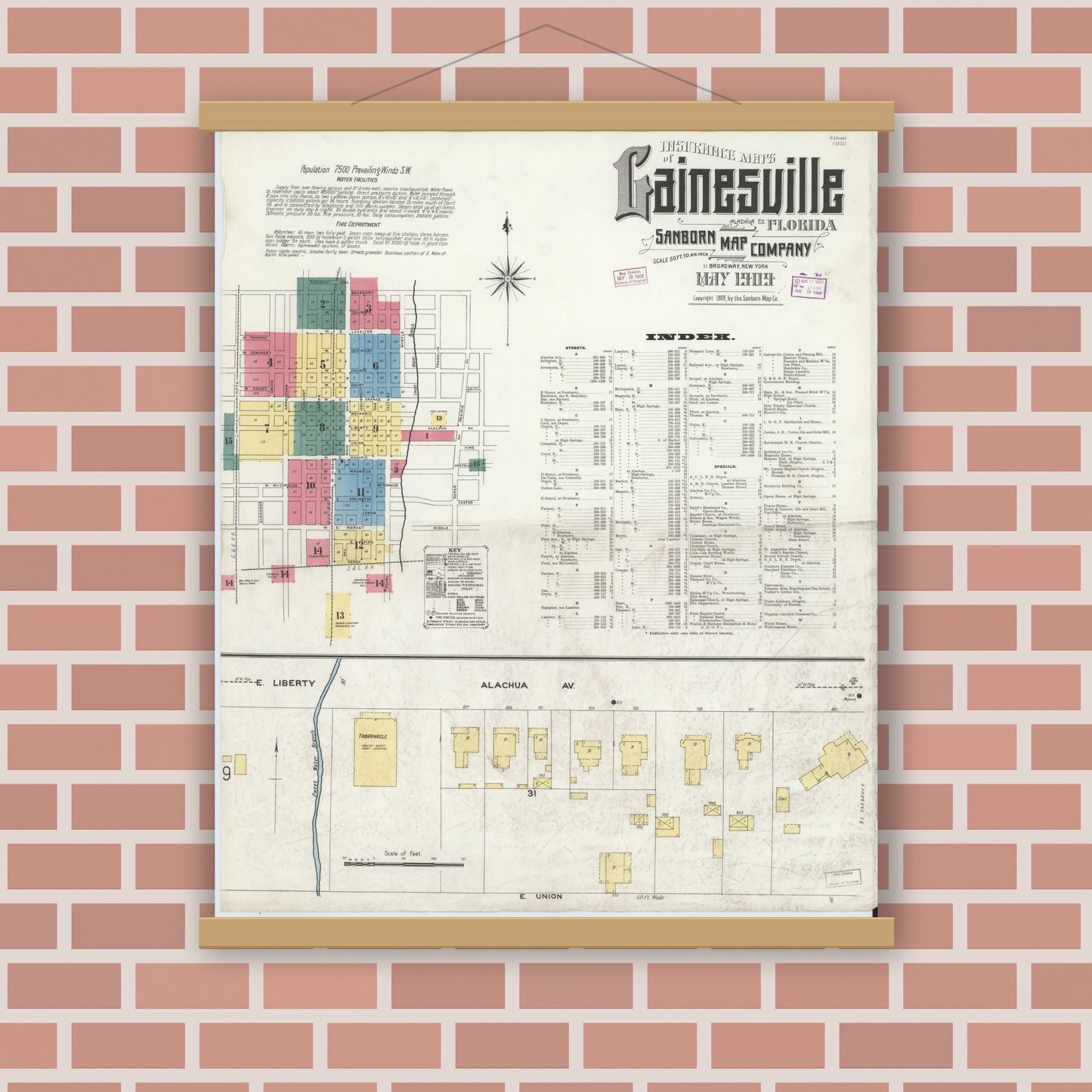 Old map wall art mockup — magnetic wood frame on brick wall — Sanborn Fire Insurance Map from Gainesville, Alachua County, Florida (1909) - Complete Map Set