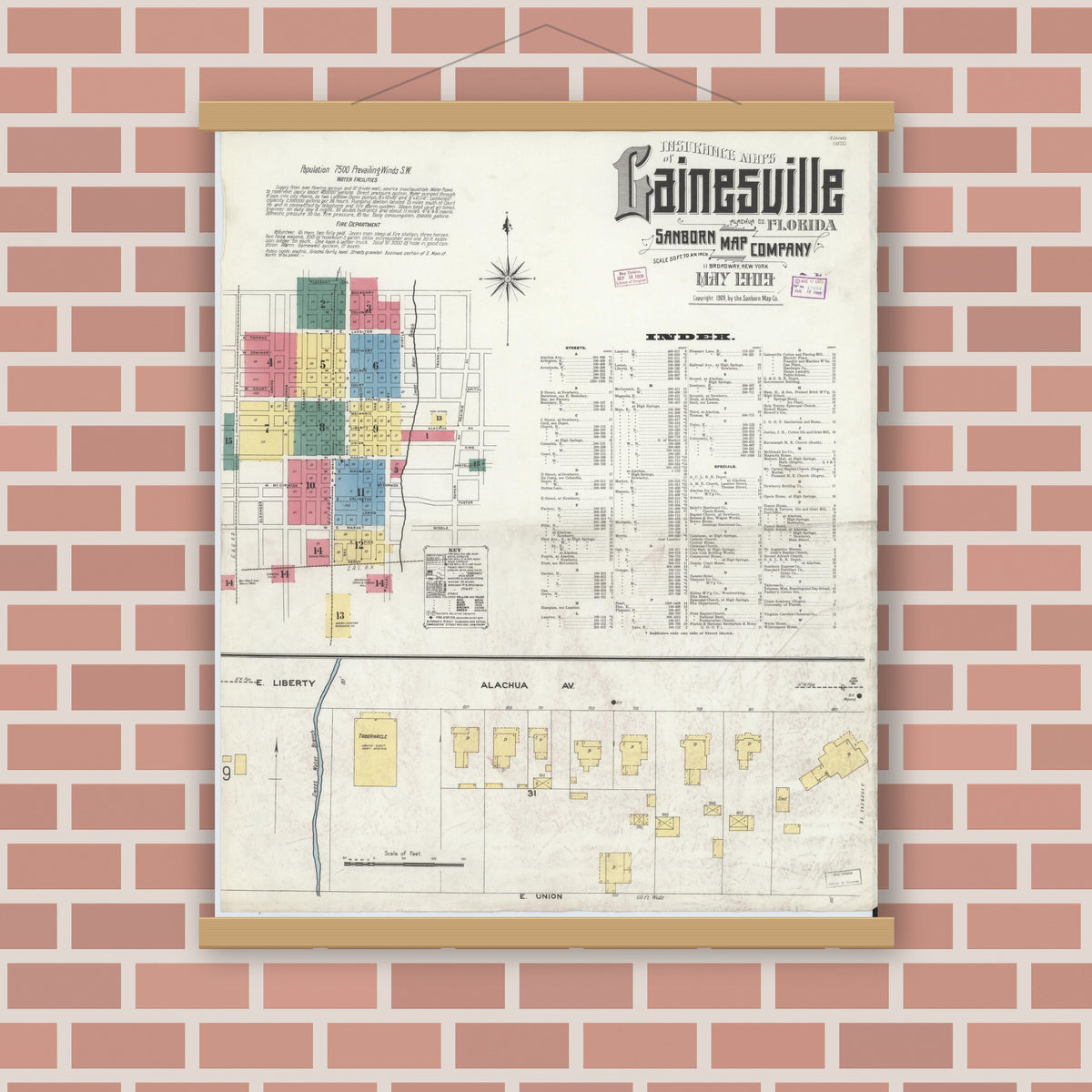 Old map wall art mockup — magnetic wood frame on brick wall — Sanborn Fire Insurance Map from Gainesville, Alachua County, Florida (1909) - Complete Map Set