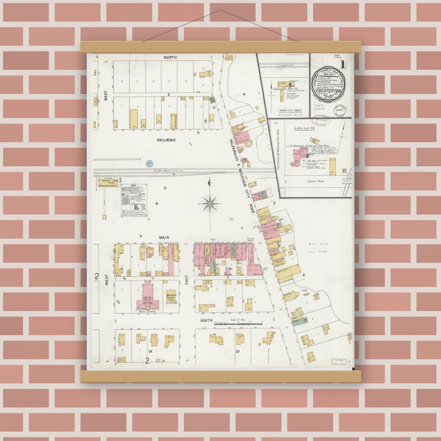 Old map wall art mockup — magnetic wood frame on brick wall — Sanborn Fire Insurance Map from Chesterton, Porter County, Indiana (1899) - Complete Map Set