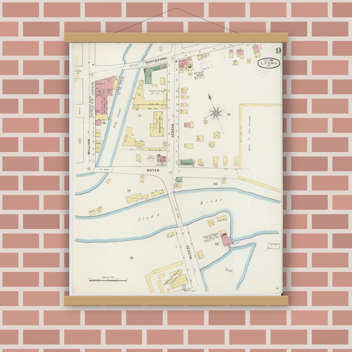 Old map wall art mockup — magnetic wood frame on brick wall — Sanborn Fire Insurance Map from Lyons, Wayne County, New York (1894), Sheet #0009