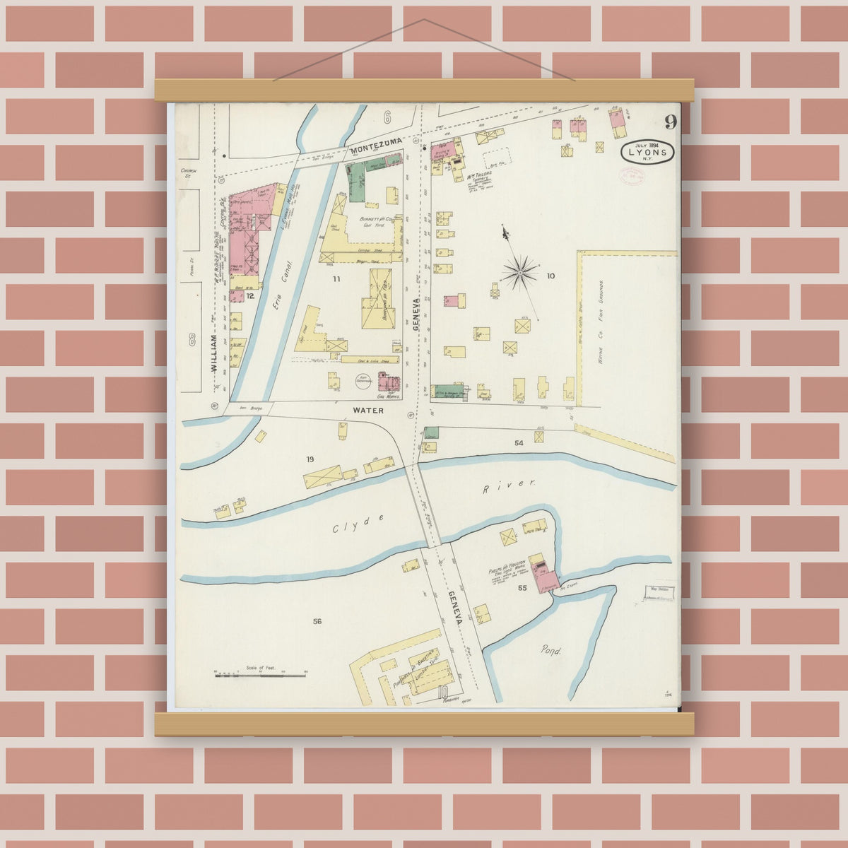 Old map wall art mockup — magnetic wood frame on brick wall — Sanborn Fire Insurance Map from Lyons, Wayne County, New York (1894), Sheet #0009