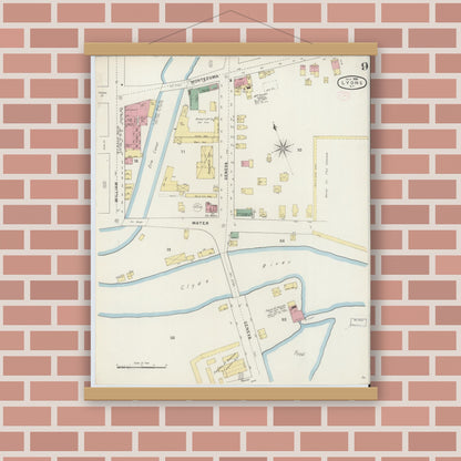 Old map wall art mockup — magnetic wood frame on brick wall — Sanborn Fire Insurance Map from Lyons, Wayne County, New York (1894), Sheet #0009