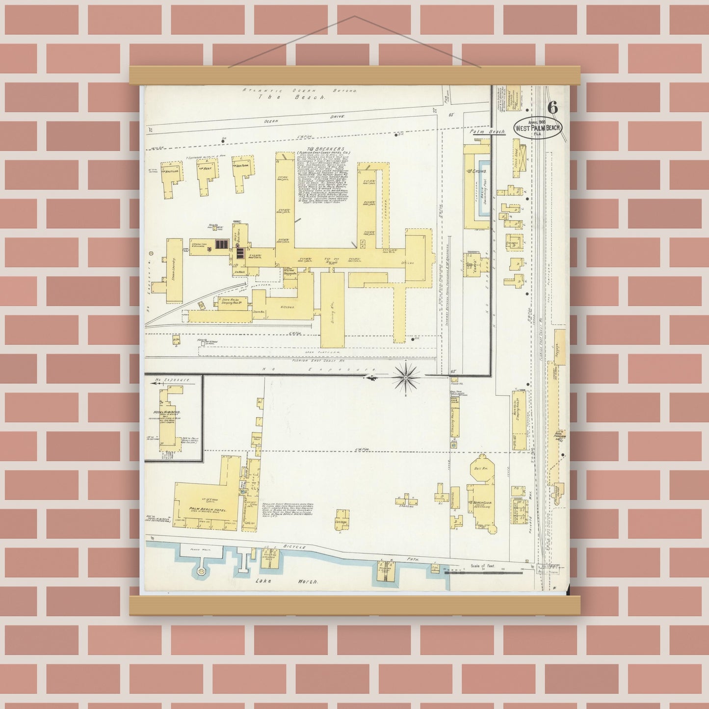 Old map wall art mockup — magnetic wood frame on brick wall — Sanborn Fire Insurance Map from West Palm Beach, Dade County, Florida (1903), Sheet #0006
