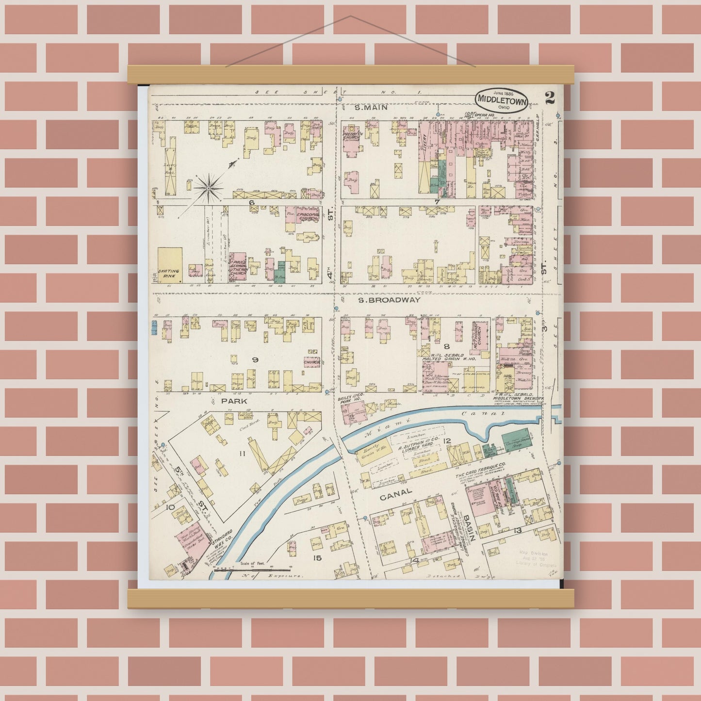 Old map wall art mockup — magnetic wood frame on brick wall — Sanborn Fire Insurance Map from Middletown, Butler County, Ohio (1885), Sheet #0002