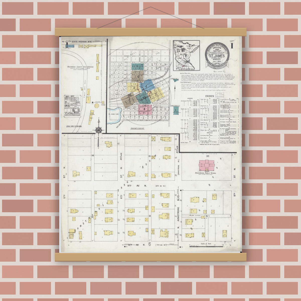 Old map wall art mockup — magnetic wood frame on brick wall — Sanborn Fire Insurance Map from Saint James, Watonwan County, Minnesota (1924) - Complete Map Set