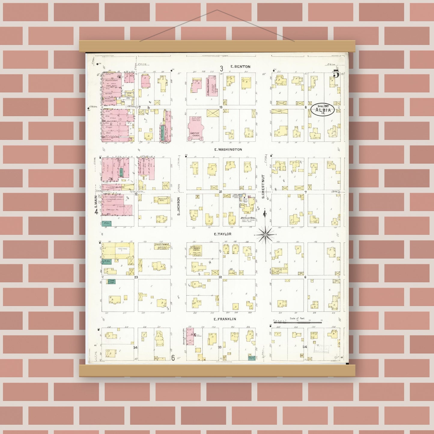 Old map wall art mockup — magnetic wood frame on brick wall — Sanborn Fire Insurance Map from Albia, Monroe County, Iowa (1907), Sheet #0005