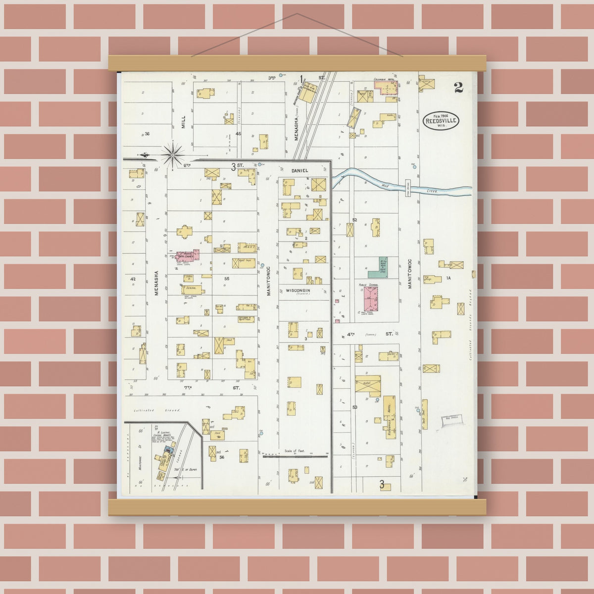 Old map wall art mockup — magnetic wood frame on brick wall — Sanborn Fire Insurance Map from Reedsville, Manitowoc County, Wisconsin (1906), Sheet #0002
