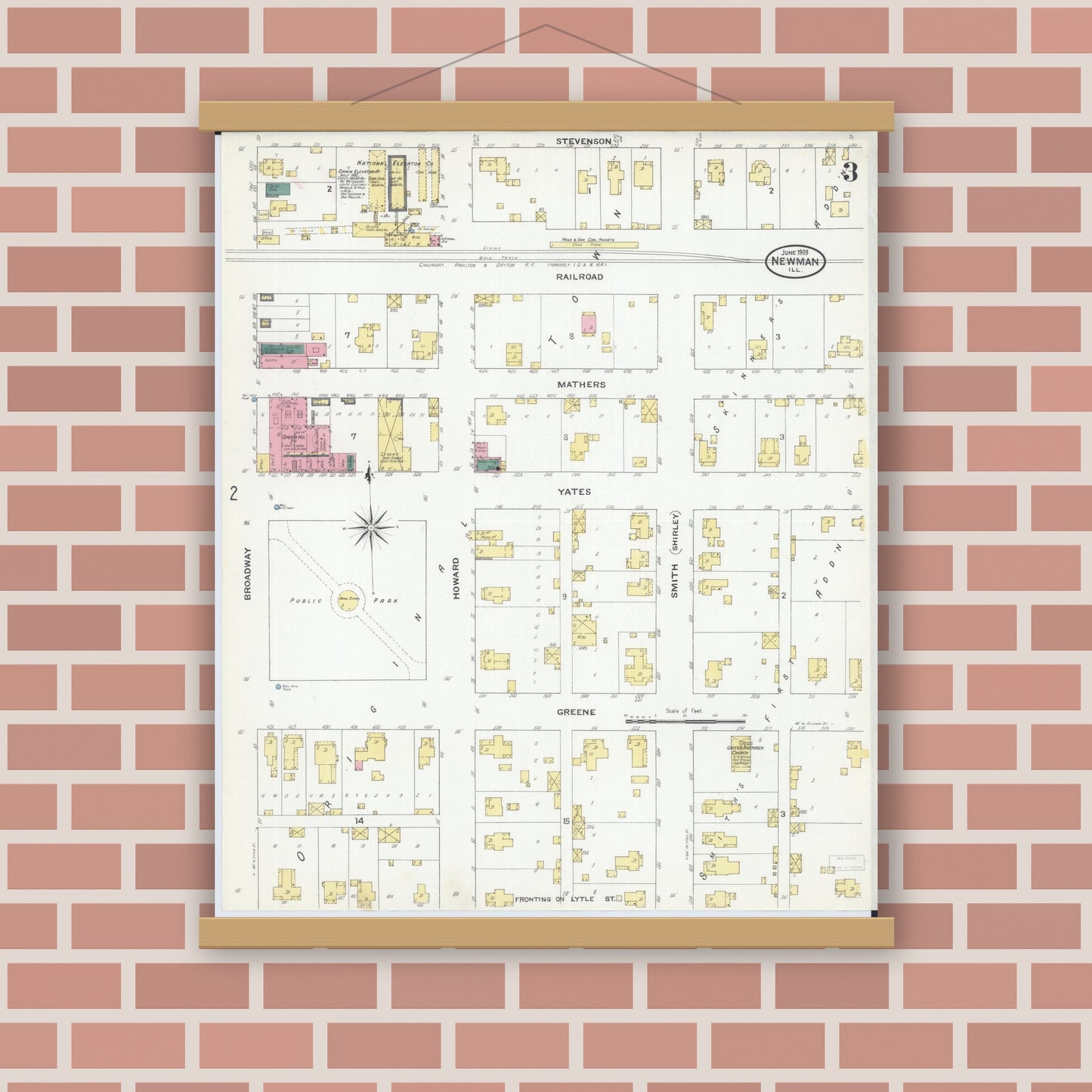 Old map wall art mockup — magnetic wood frame on brick wall — Sanborn Fire Insurance Map from Newman, Douglas County, Illinois (1909), Sheet #0003