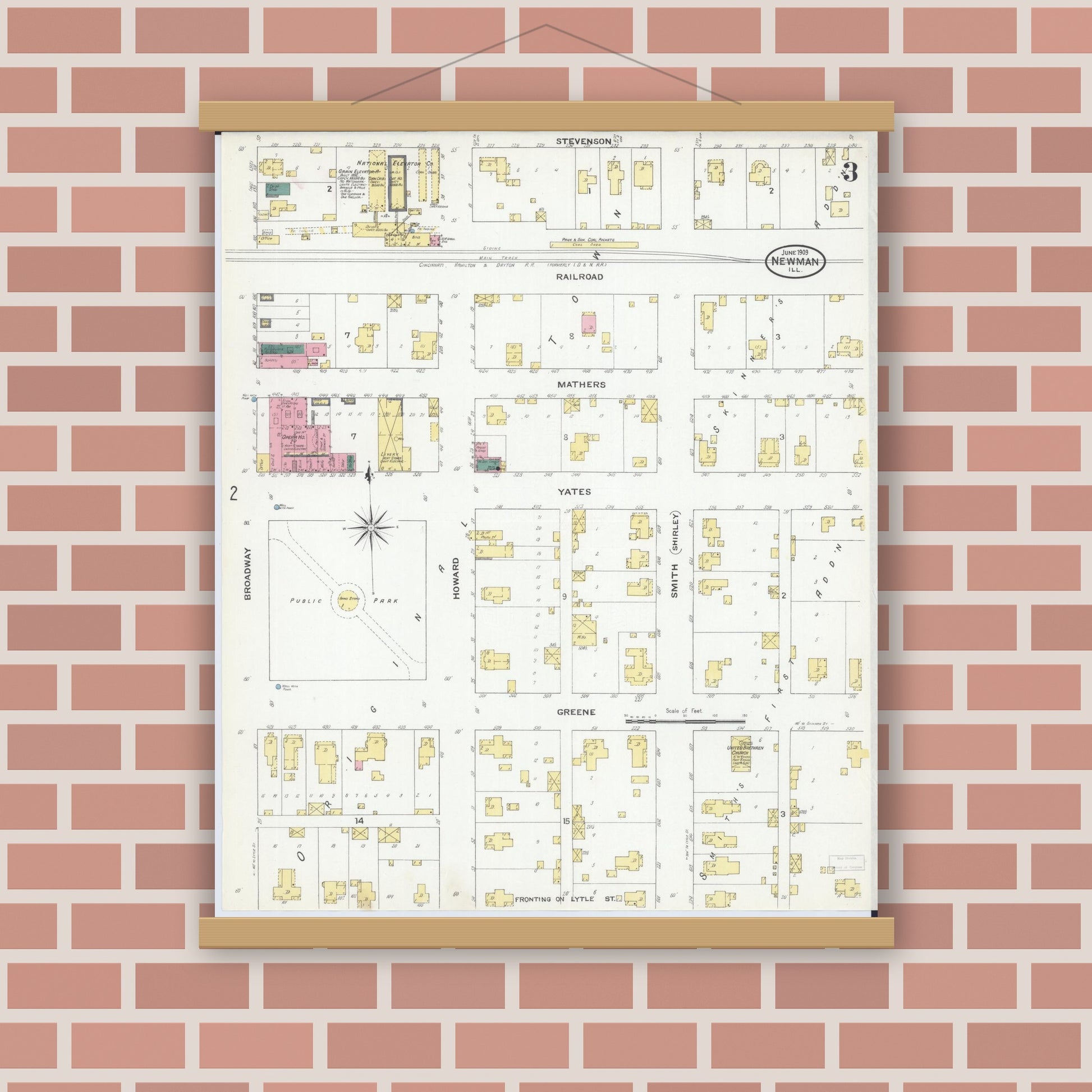 Old map wall art mockup — magnetic wood frame on brick wall — Sanborn Fire Insurance Map from Newman, Douglas County, Illinois (1909), Sheet #0003