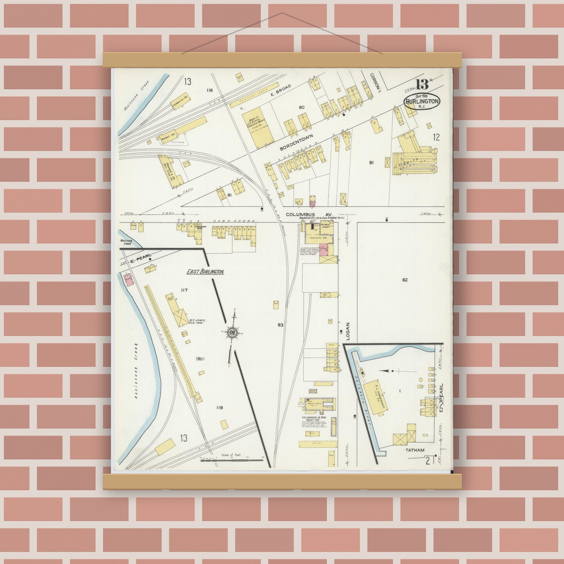 Old map wall art mockup — magnetic wood frame on brick wall — Sanborn Fire Insurance Map from Burlington, Burlington County, New Jersey (1915), Sheet #0013