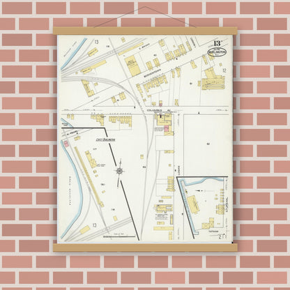 Old map wall art mockup — magnetic wood frame on brick wall — Sanborn Fire Insurance Map from Burlington, Burlington County, New Jersey (1915), Sheet #0013