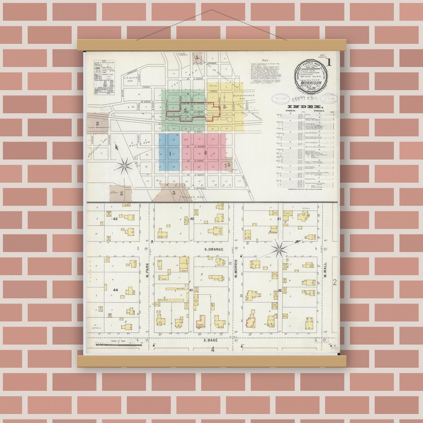 Old map wall art mockup — magnetic wood frame on brick wall — Sanborn Fire Insurance Map from Morrison, Whiteside County, Illinois (1897) - Complete Map Set