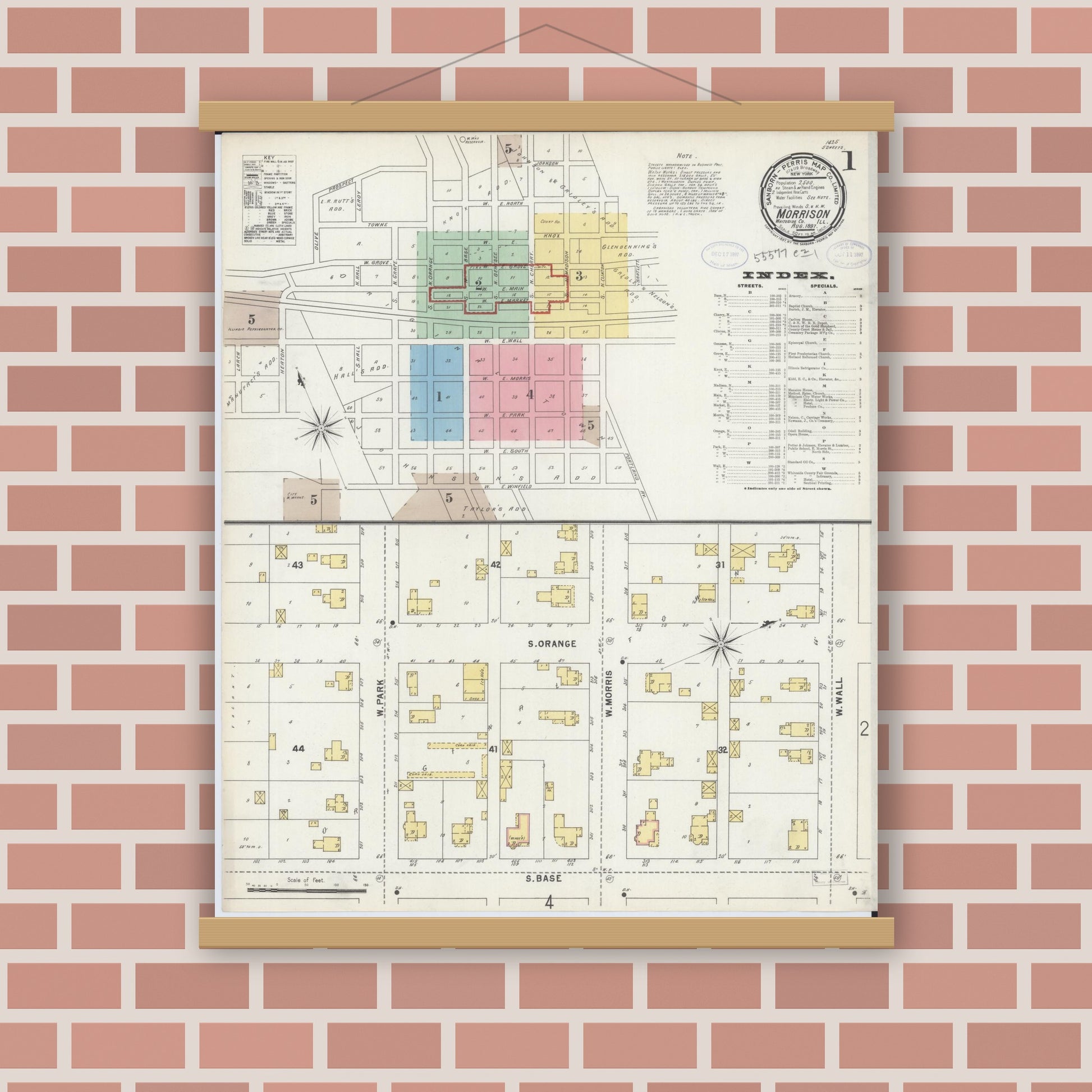 Old map wall art mockup — magnetic wood frame on brick wall — Sanborn Fire Insurance Map from Morrison, Whiteside County, Illinois (1897) - Complete Map Set