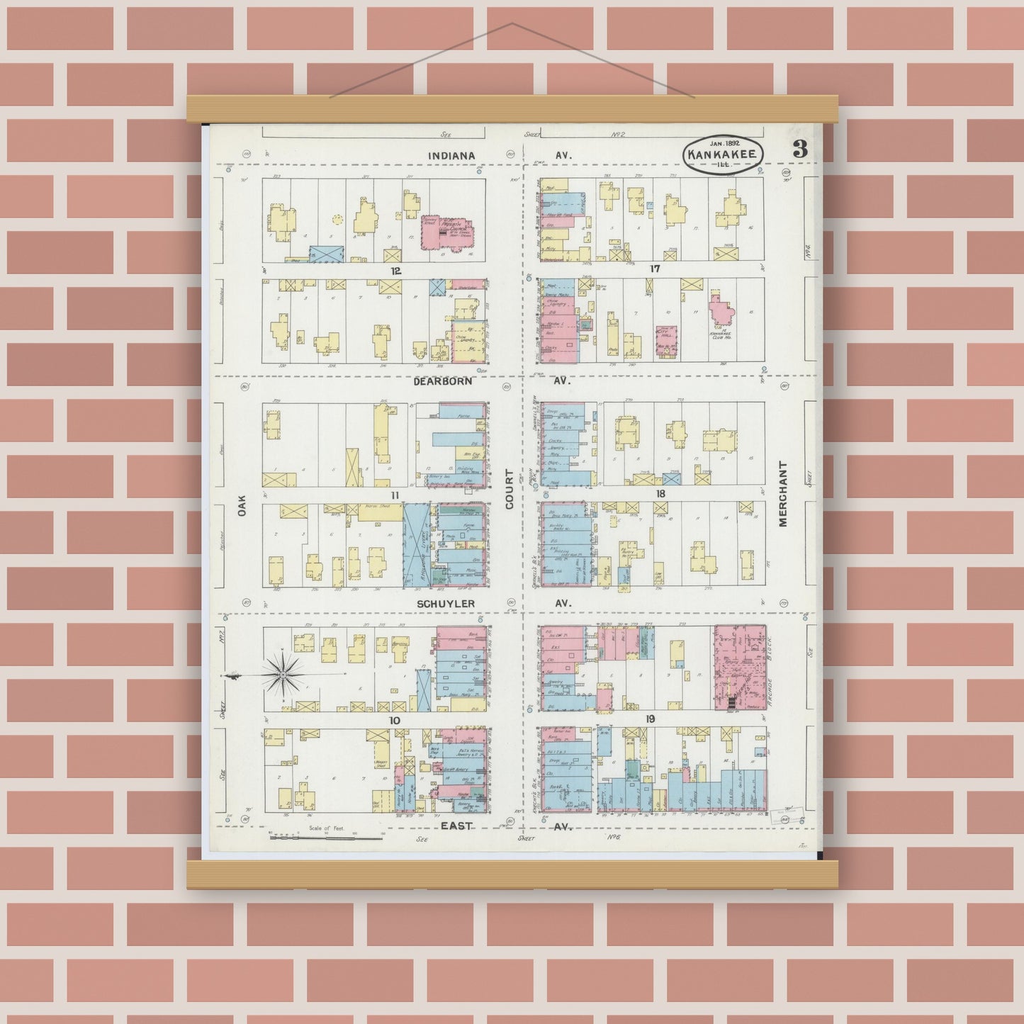 Old map wall art mockup — magnetic wood frame on brick wall — Sanborn Fire Insurance Map from Kankakee, Kankakee County, Illinois (1892), Sheet #0003