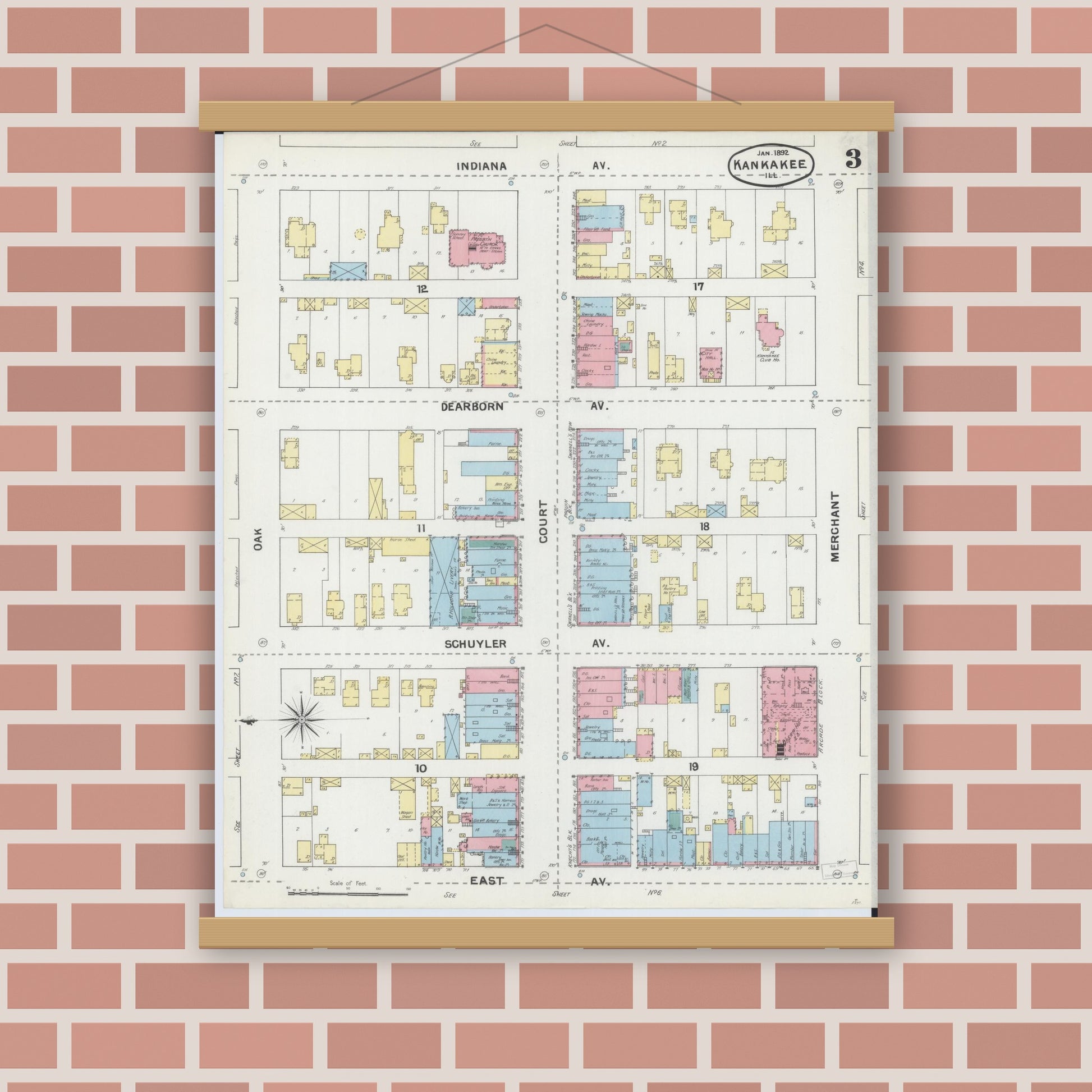 Old map wall art mockup — magnetic wood frame on brick wall — Sanborn Fire Insurance Map from Kankakee, Kankakee County, Illinois (1892), Sheet #0003