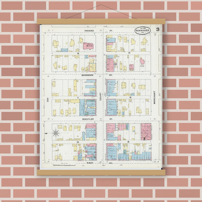 Old map wall art mockup — magnetic wood frame on brick wall — Sanborn Fire Insurance Map from Kankakee, Kankakee County, Illinois (1892), Sheet #0003