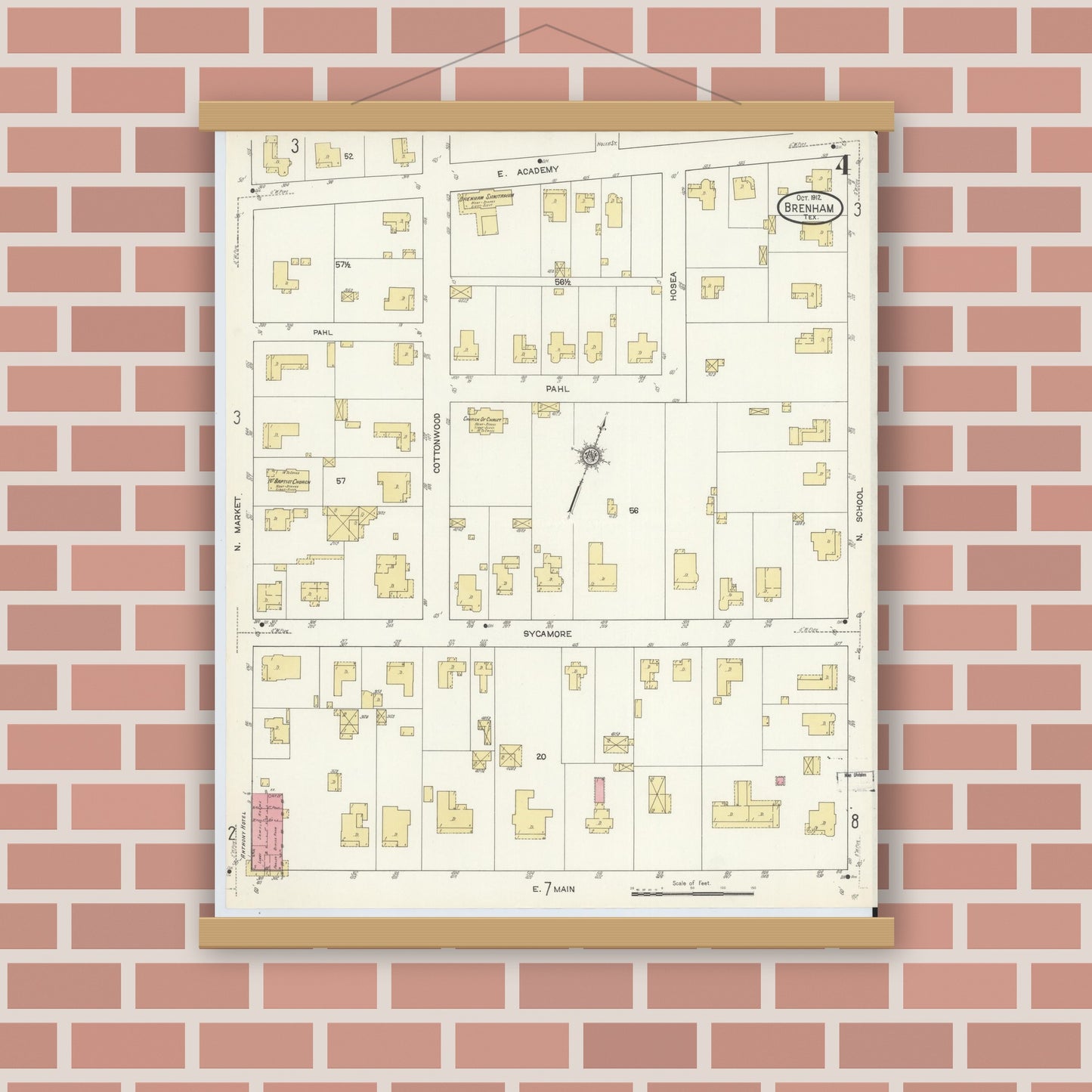 Old map wall art mockup — magnetic wood frame on brick wall — Sanborn Fire Insurance Map from Brenham, Washington County, Texas (1912), Sheet #0004