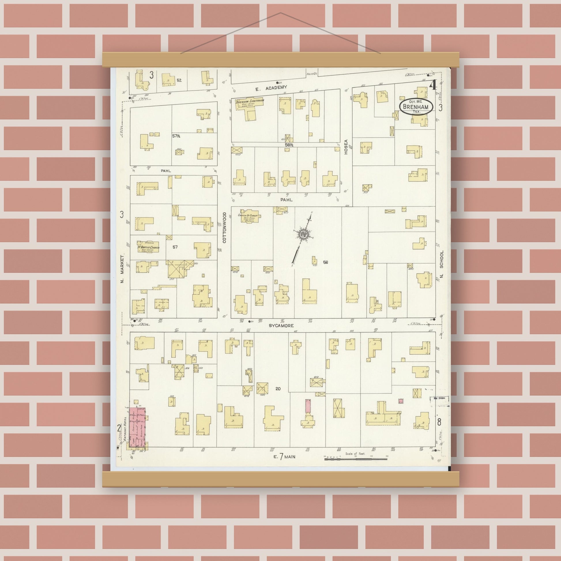 Old map wall art mockup — magnetic wood frame on brick wall — Sanborn Fire Insurance Map from Brenham, Washington County, Texas (1912), Sheet #0004