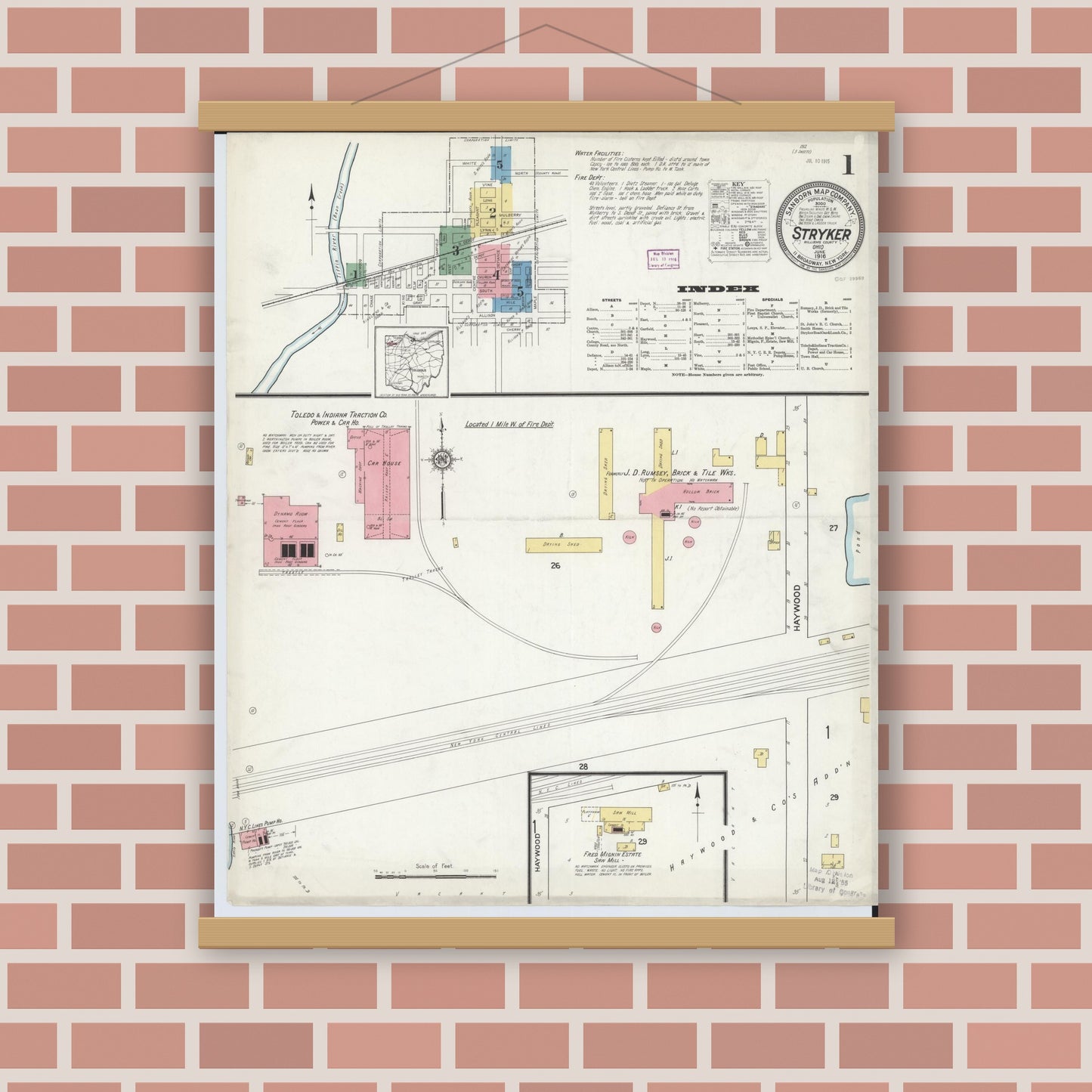 Old map wall art mockup — magnetic wood frame on brick wall — Sanborn Fire Insurance Map from Stryker, Williams County, Ohio (1916) - Complete Map Set