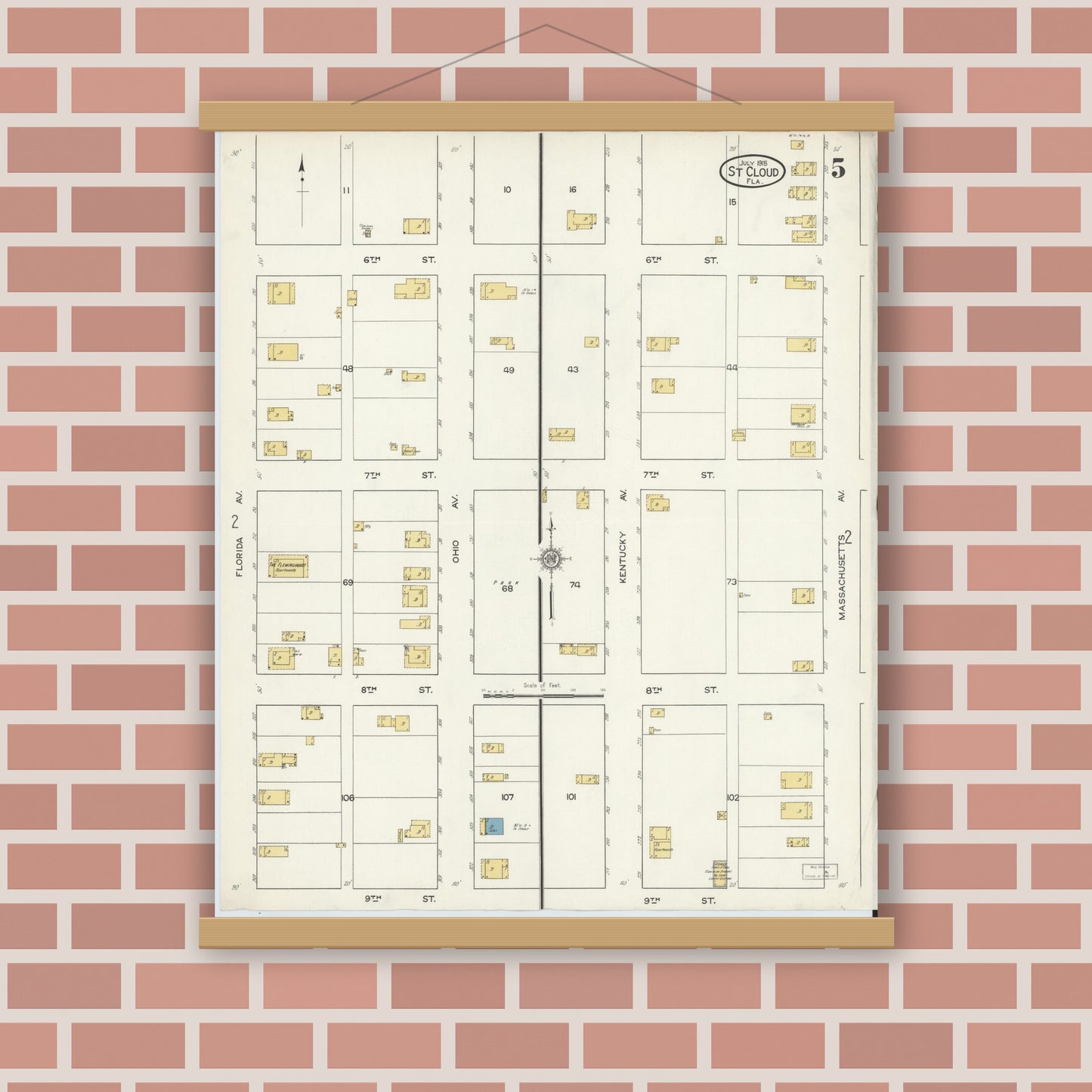 Old map wall art mockup — magnetic wood frame on brick wall — Sanborn Fire Insurance Map from Saint Cloud, Osceola County, Florida (1915), Sheet #0005
