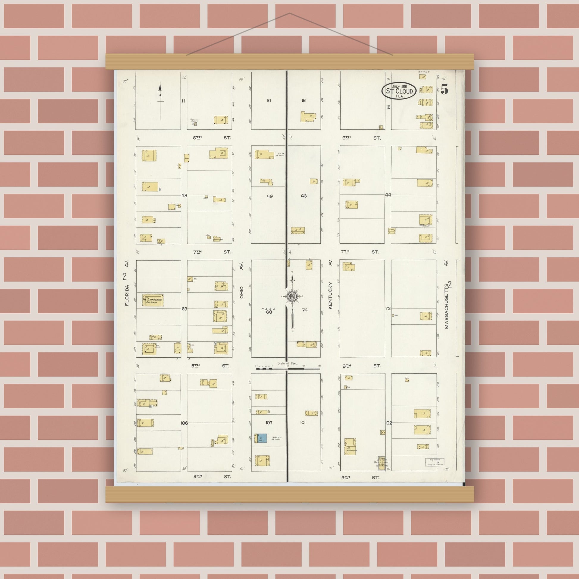 Old map wall art mockup — magnetic wood frame on brick wall — Sanborn Fire Insurance Map from Saint Cloud, Osceola County, Florida (1915), Sheet #0005