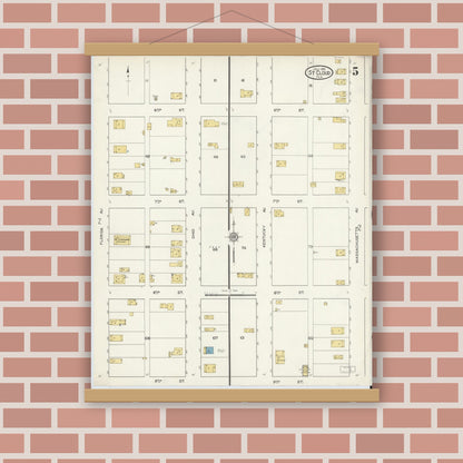 Old map wall art mockup — magnetic wood frame on brick wall — Sanborn Fire Insurance Map from Saint Cloud, Osceola County, Florida (1915), Sheet #0005