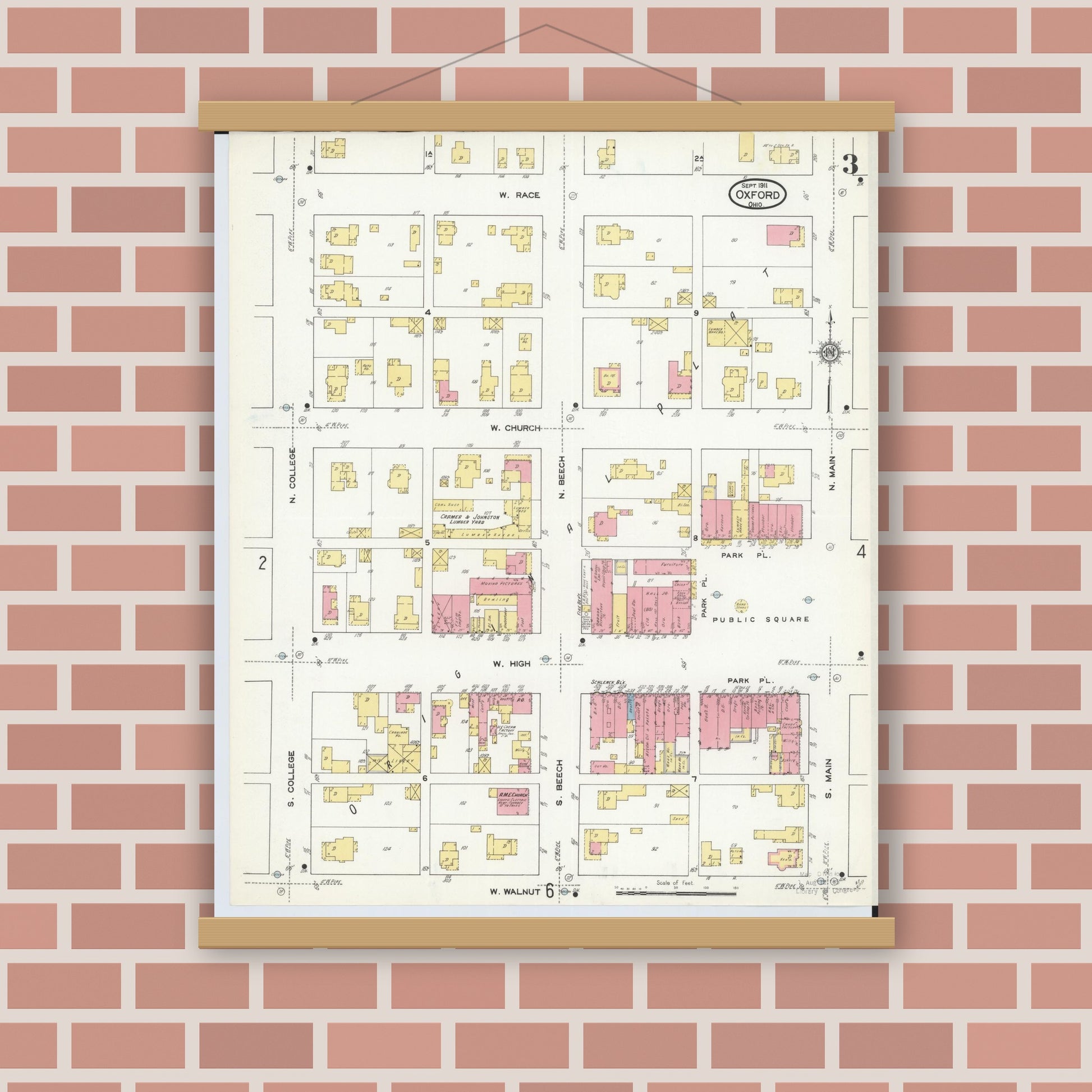Old map wall art mockup — magnetic wood frame on brick wall — Sanborn Fire Insurance Map from Oxford, Butler County, Ohio (1911), Sheet #0003