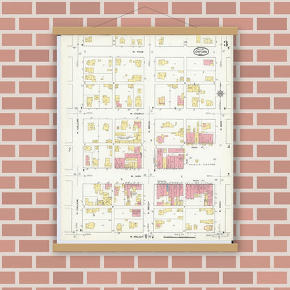 Old map wall art mockup — magnetic wood frame on brick wall — Sanborn Fire Insurance Map from Oxford, Butler County, Ohio (1911), Sheet #0003