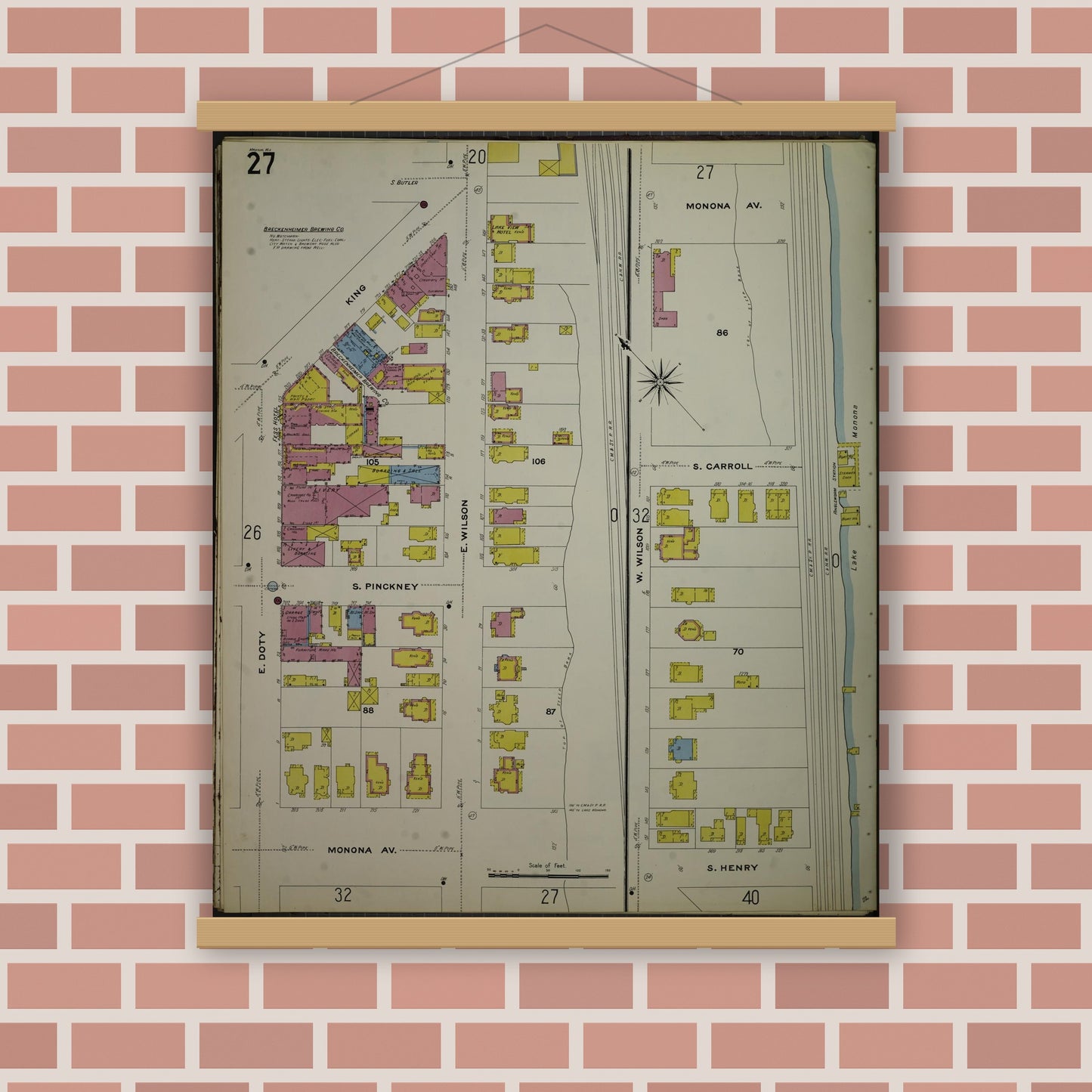 Old map wall art mockup — magnetic wood frame on brick wall — Sanborn Fire Insurance Map from Madison, Dane County, Wisconsin (1908), Sheet #0027
