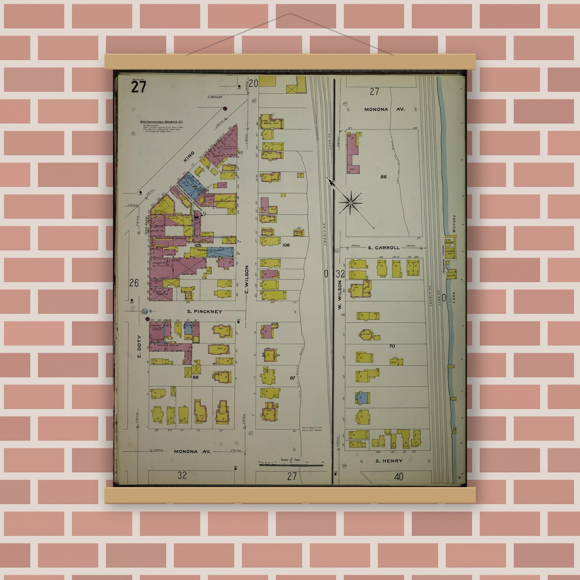 Old map wall art mockup — magnetic wood frame on brick wall — Sanborn Fire Insurance Map from Madison, Dane County, Wisconsin (1908), Sheet #0027