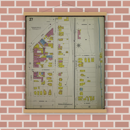 Old map wall art mockup — magnetic wood frame on brick wall — Sanborn Fire Insurance Map from Madison, Dane County, Wisconsin (1908), Sheet #0027