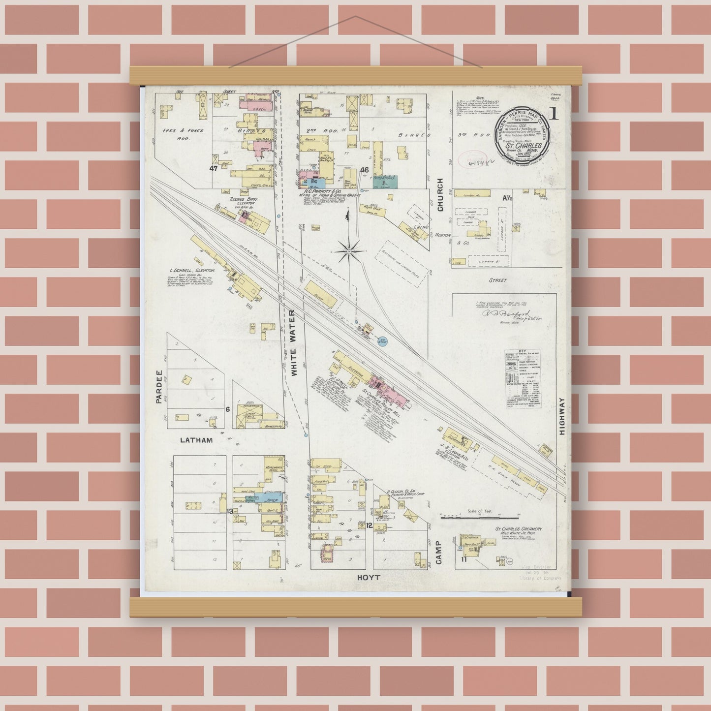 Old map wall art mockup — magnetic wood frame on brick wall — Sanborn Fire Insurance Map from Saint Charles, Winona County, Minnesota (1892) - Complete Map Set