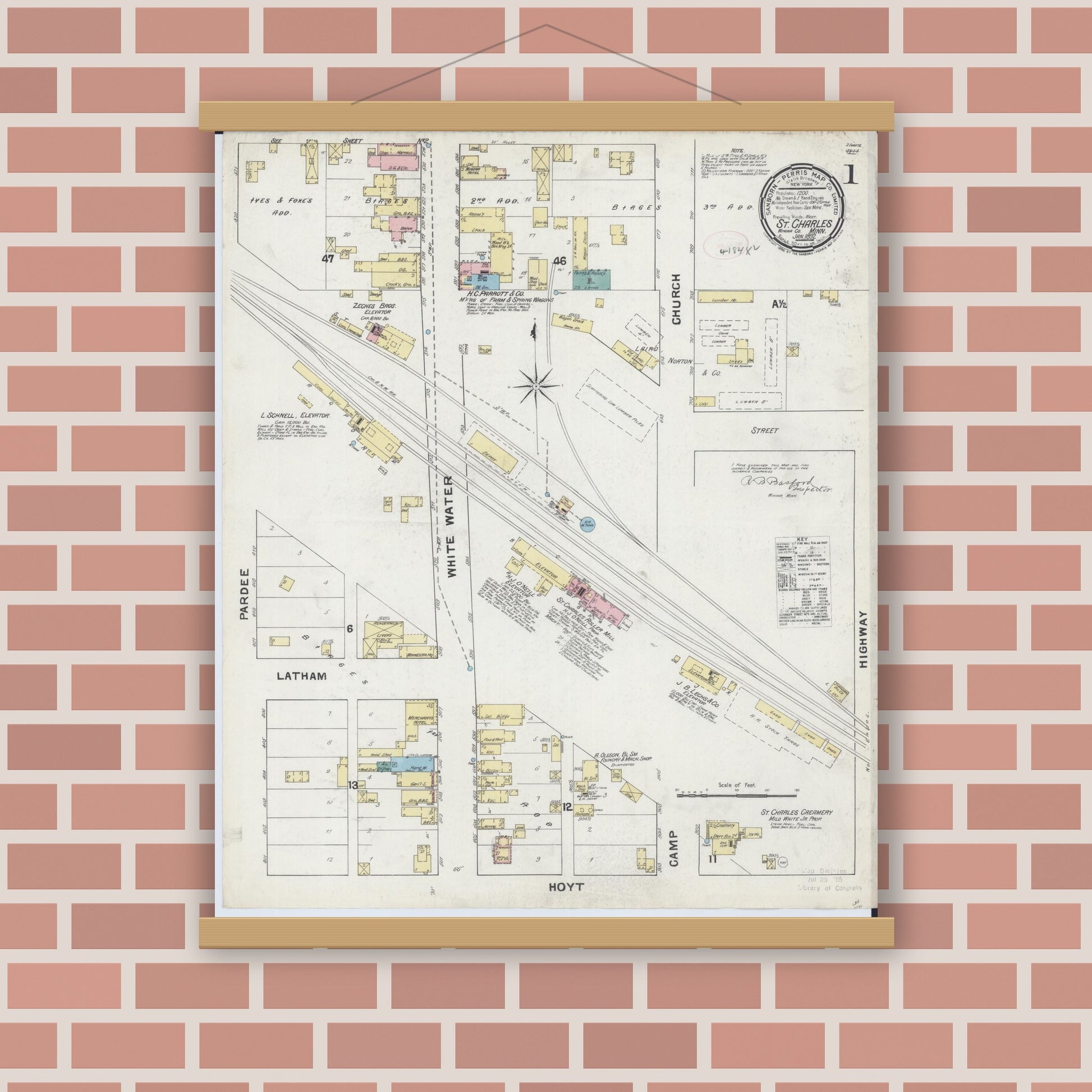 Old map wall art mockup — magnetic wood frame on brick wall — Sanborn Fire Insurance Map from Saint Charles, Winona County, Minnesota (1892) - Complete Map Set